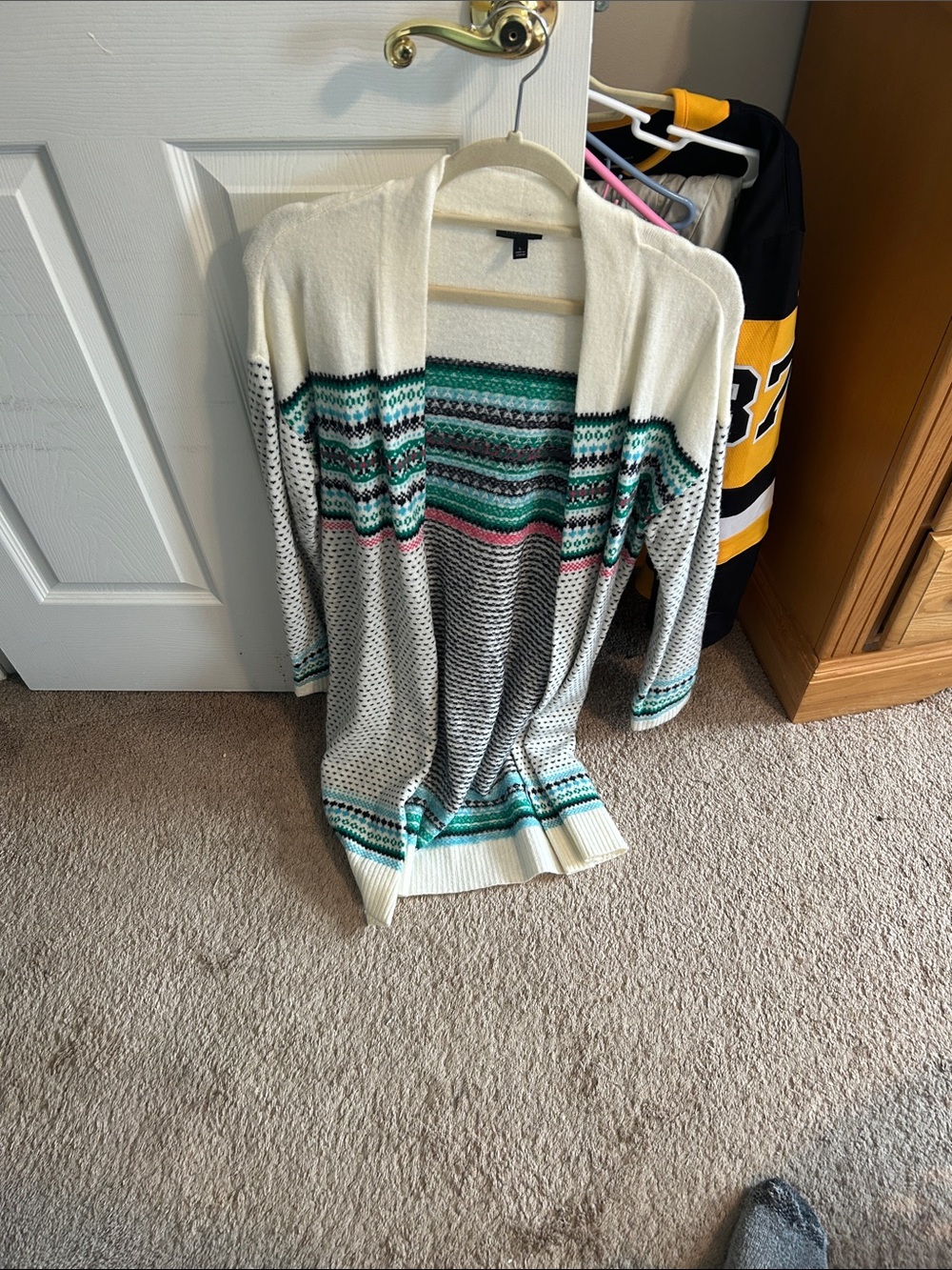Talbots Cream Open Cardigan with Teal, Pink & Black Accents